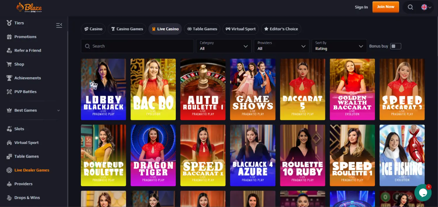 blazespins live casino