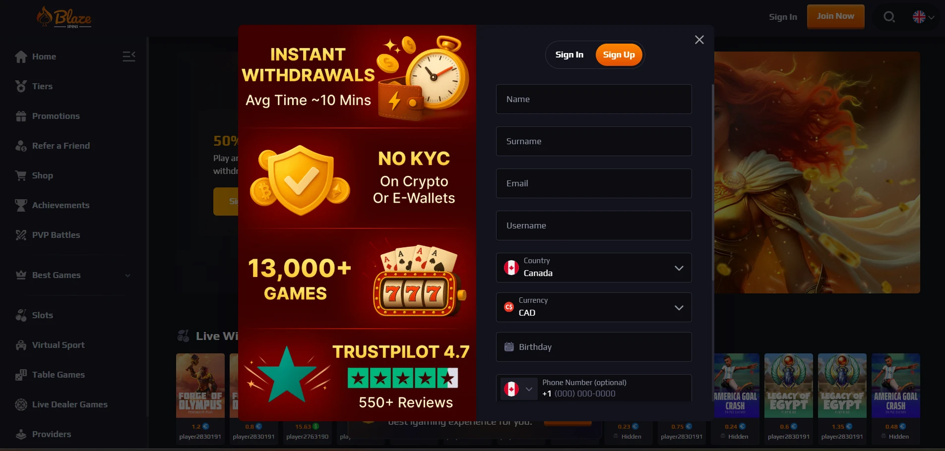 blazespins registration